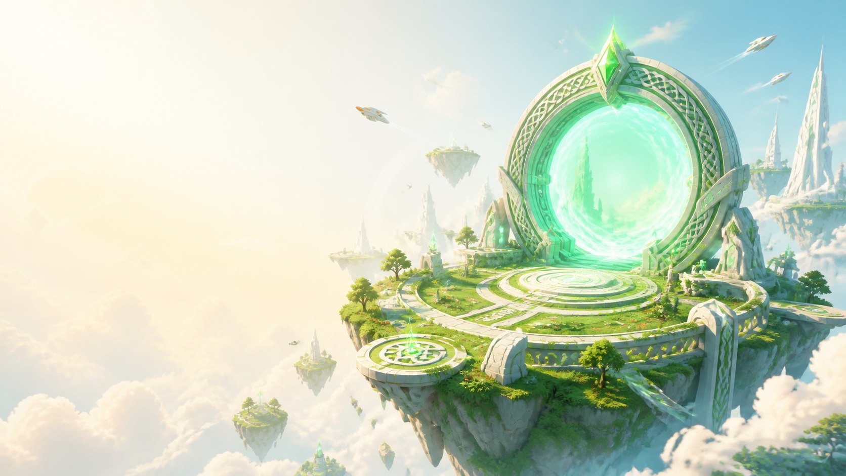 An original bright fantasy game world with a glowing green portal over floating islands