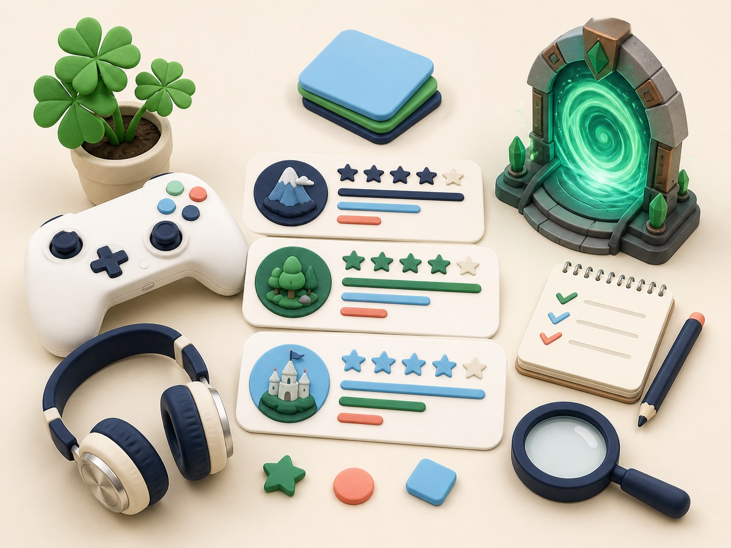 Original illustration of a bright game review desk with a controller, review cards and a miniature green portal